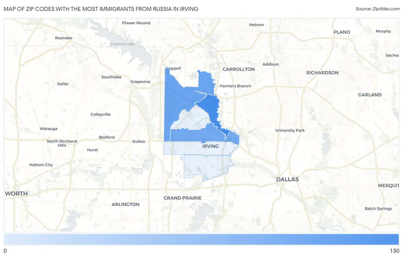 Zip Codes with the Most Immigrants from Russia in Irving Map