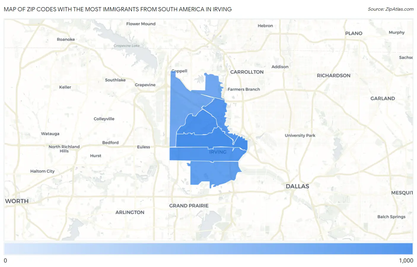 Zip Codes with the Most Immigrants from South America in Irving Map
