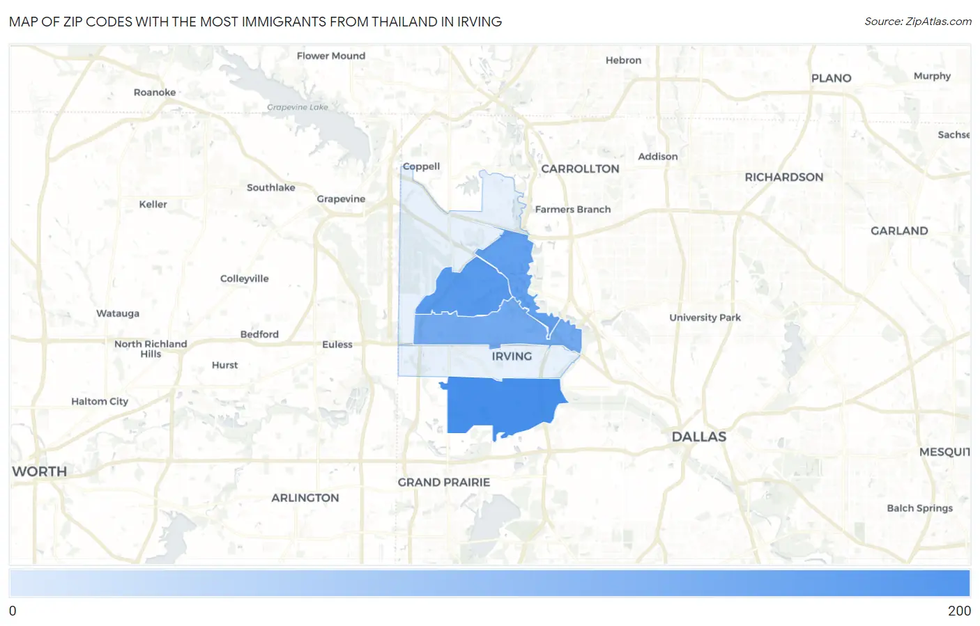 Zip Codes with the Most Immigrants from Thailand in Irving Map