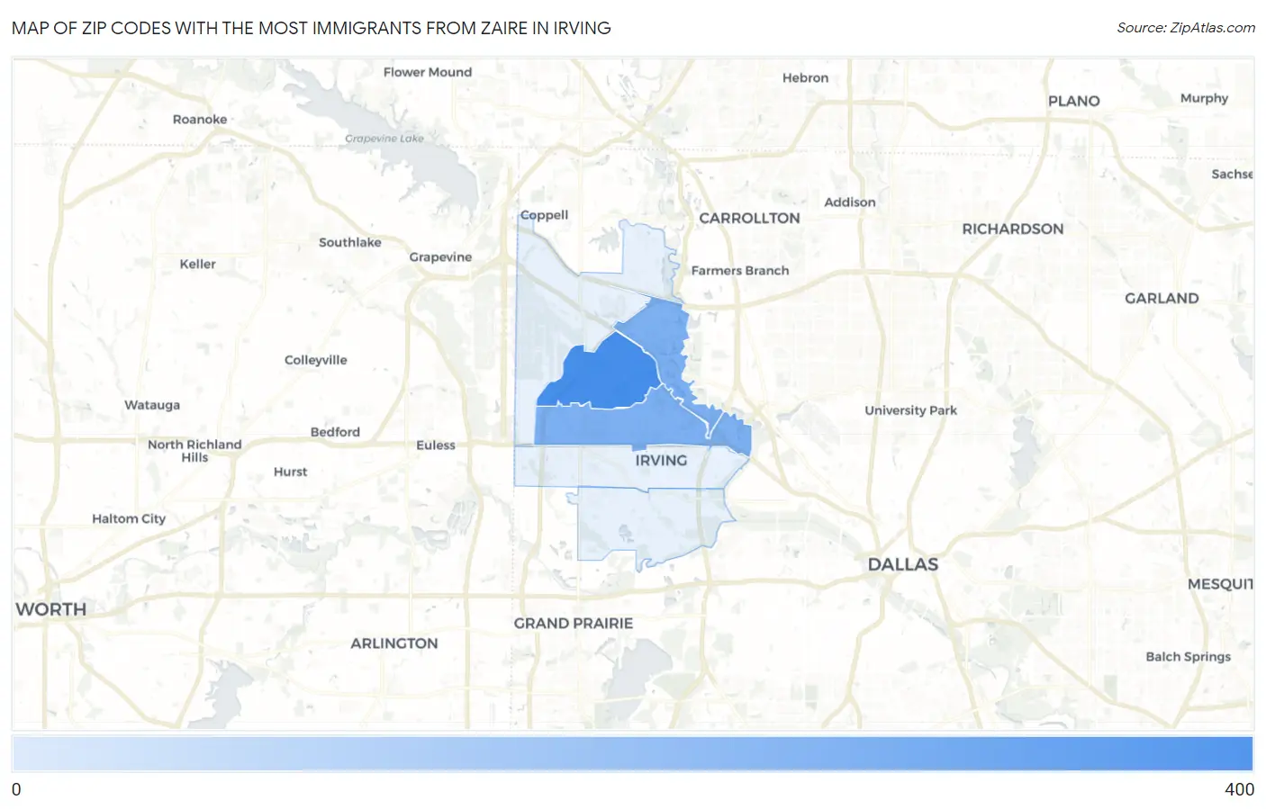 Zip Codes with the Most Immigrants from Zaire in Irving Map