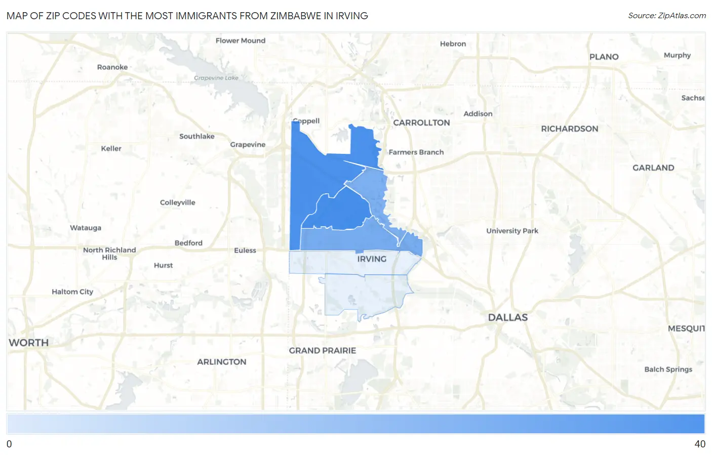 Zip Codes with the Most Immigrants from Zimbabwe in Irving Map