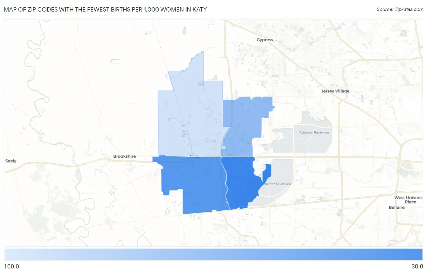 Zip Codes with the Fewest Births per 1,000 Women in Katy Map