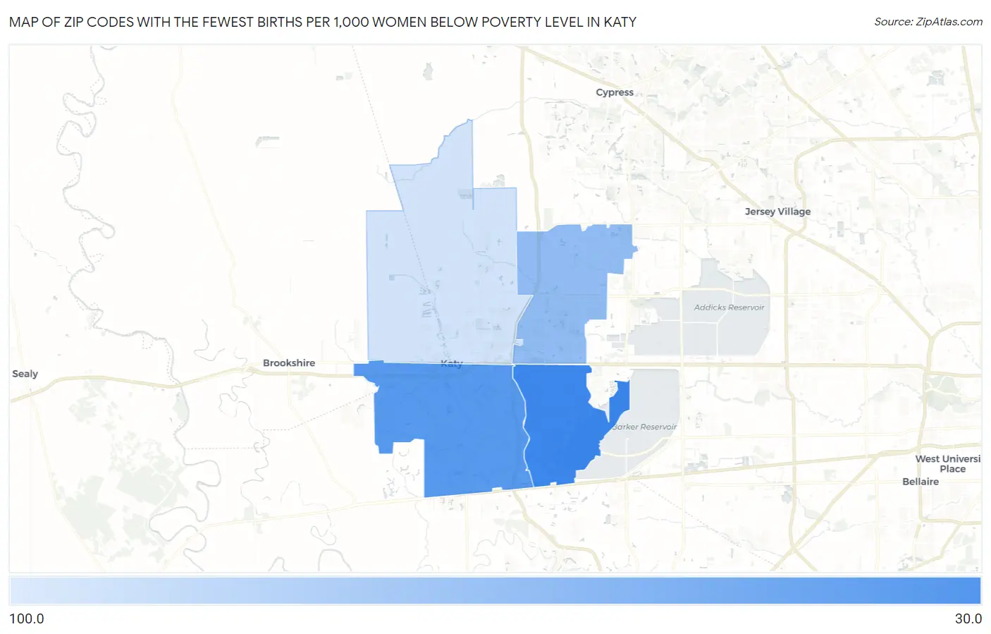Zip Codes with the Fewest Births per 1,000 Women Below Poverty Level in Katy Map
