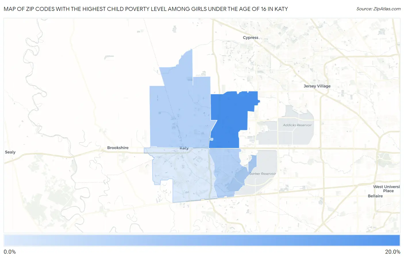 Zip Codes with the Highest Child Poverty Level Among Girls Under the Age of 16 in Katy Map