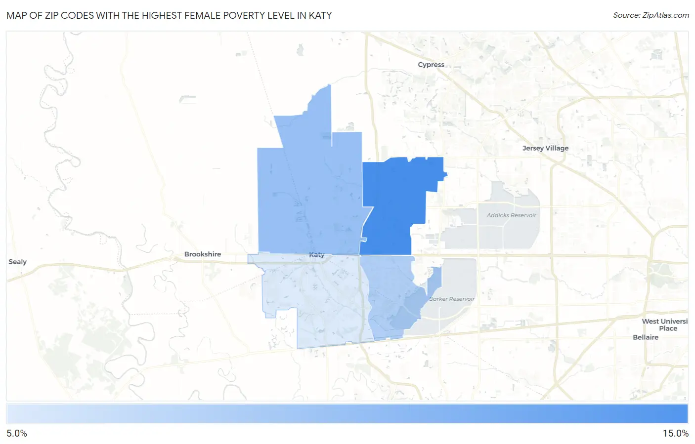 Zip Codes with the Highest Female Poverty Level in Katy Map