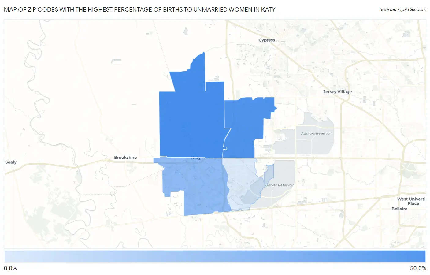 Zip Codes with the Highest Percentage of Births to Unmarried Women in Katy Map