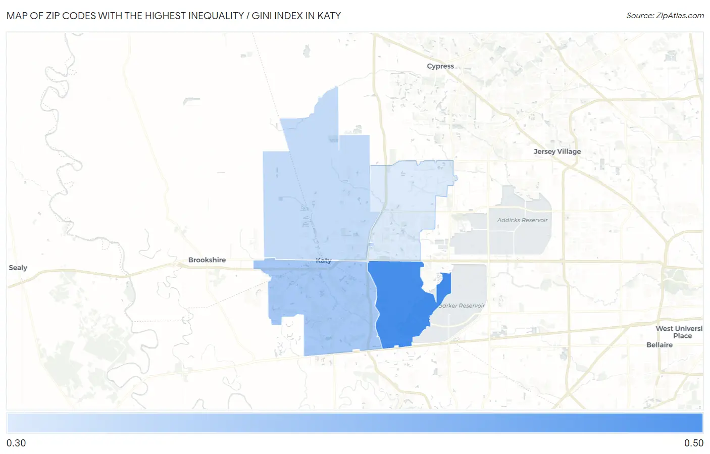 Zip Codes with the Highest Inequality / Gini Index in Katy Map