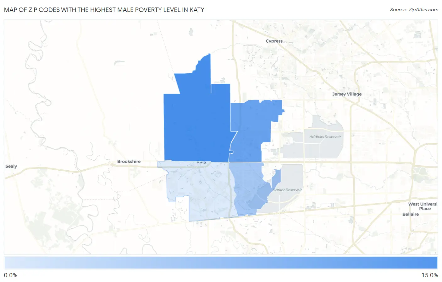 Zip Codes with the Highest Male Poverty Level in Katy Map