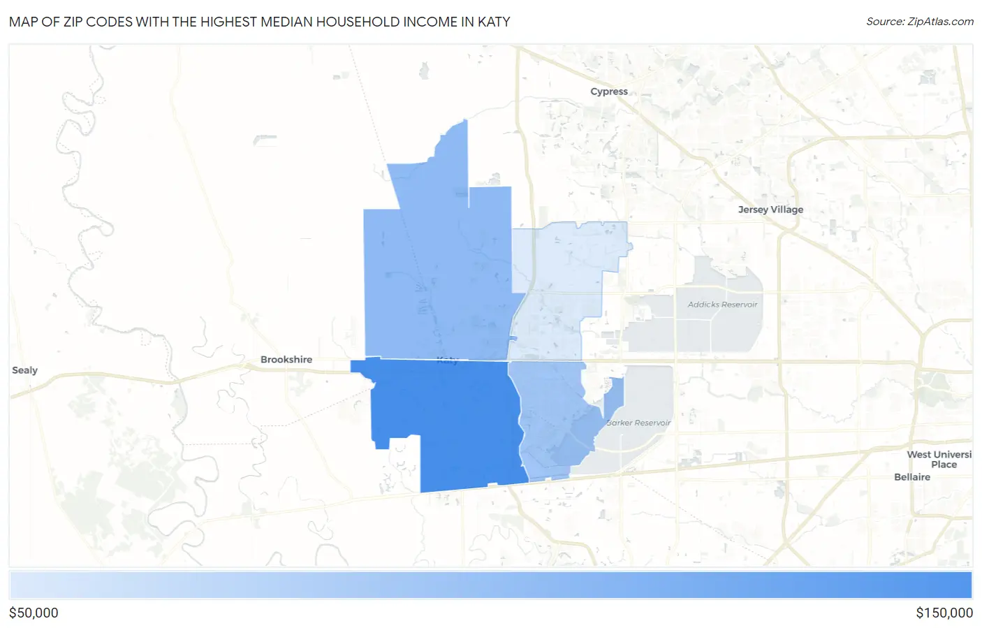 Zip Codes with the Highest Median Household Income in Katy Map