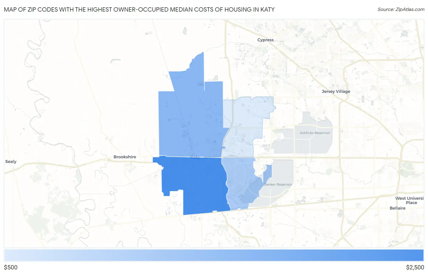 Zip Codes with the Highest Owner-Occupied Median Costs of Housing in Katy Map