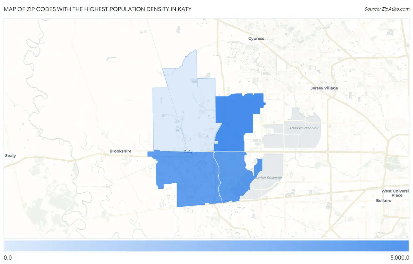 Zip Codes with the Highest Population Density in Katy Map