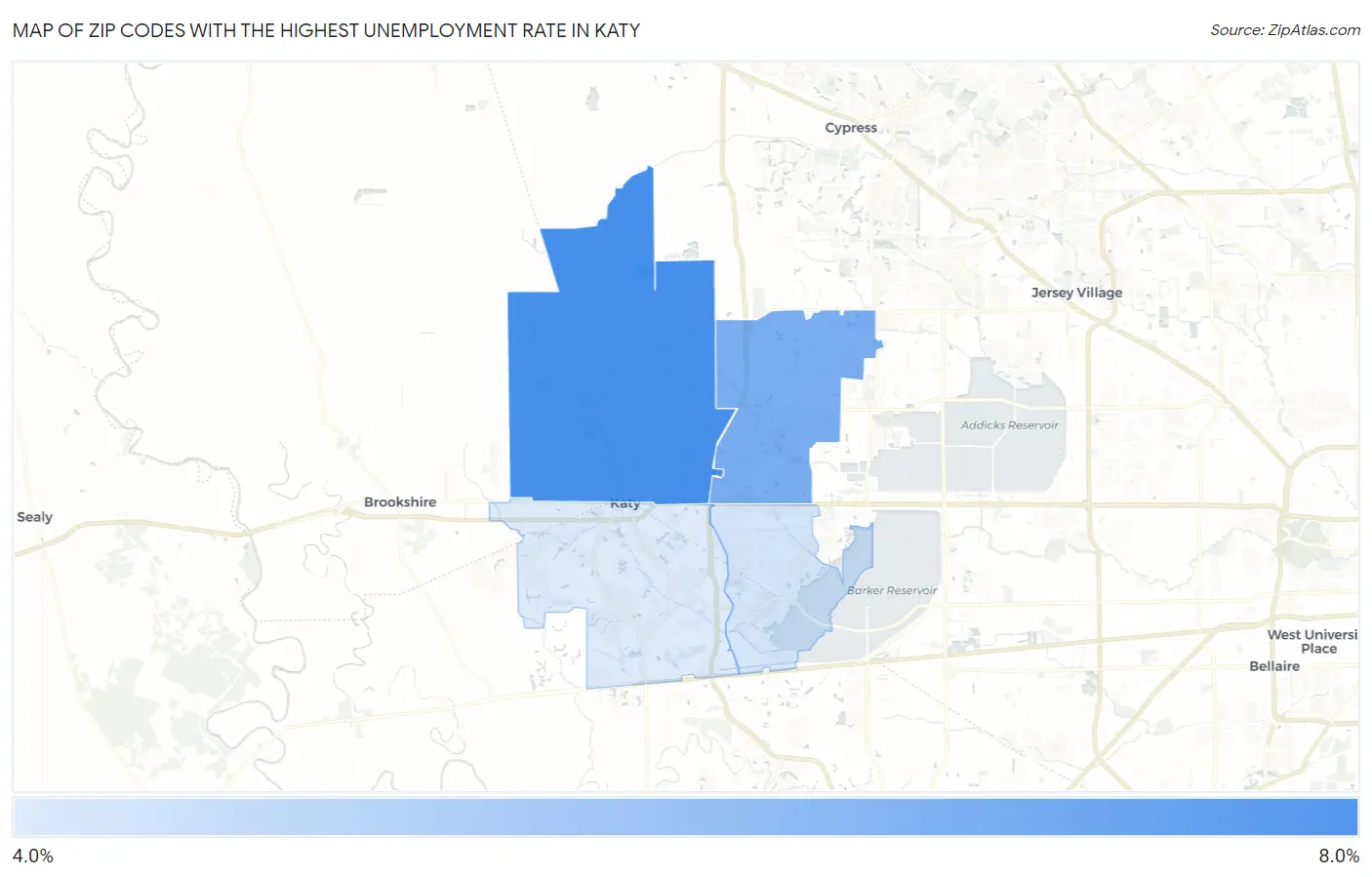 Zip Codes with the Highest Unemployment Rate in Katy Map