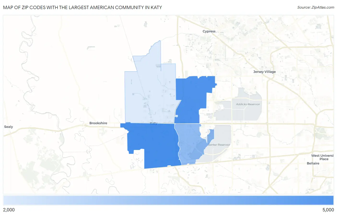 Zip Codes with the Largest American Community in Katy Map