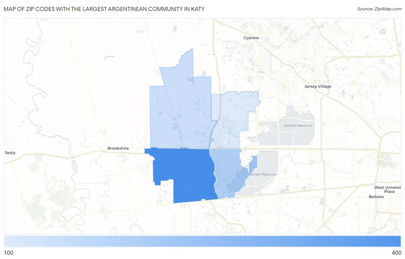 Zip Codes with the Largest Argentinean Community in Katy Map