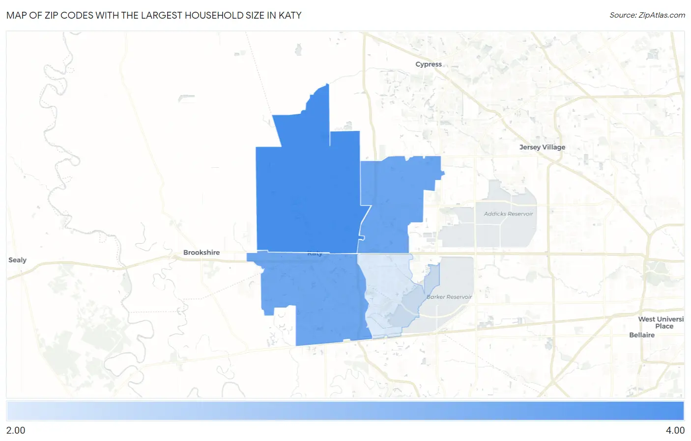 Zip Codes with the Largest Household Size in Katy Map