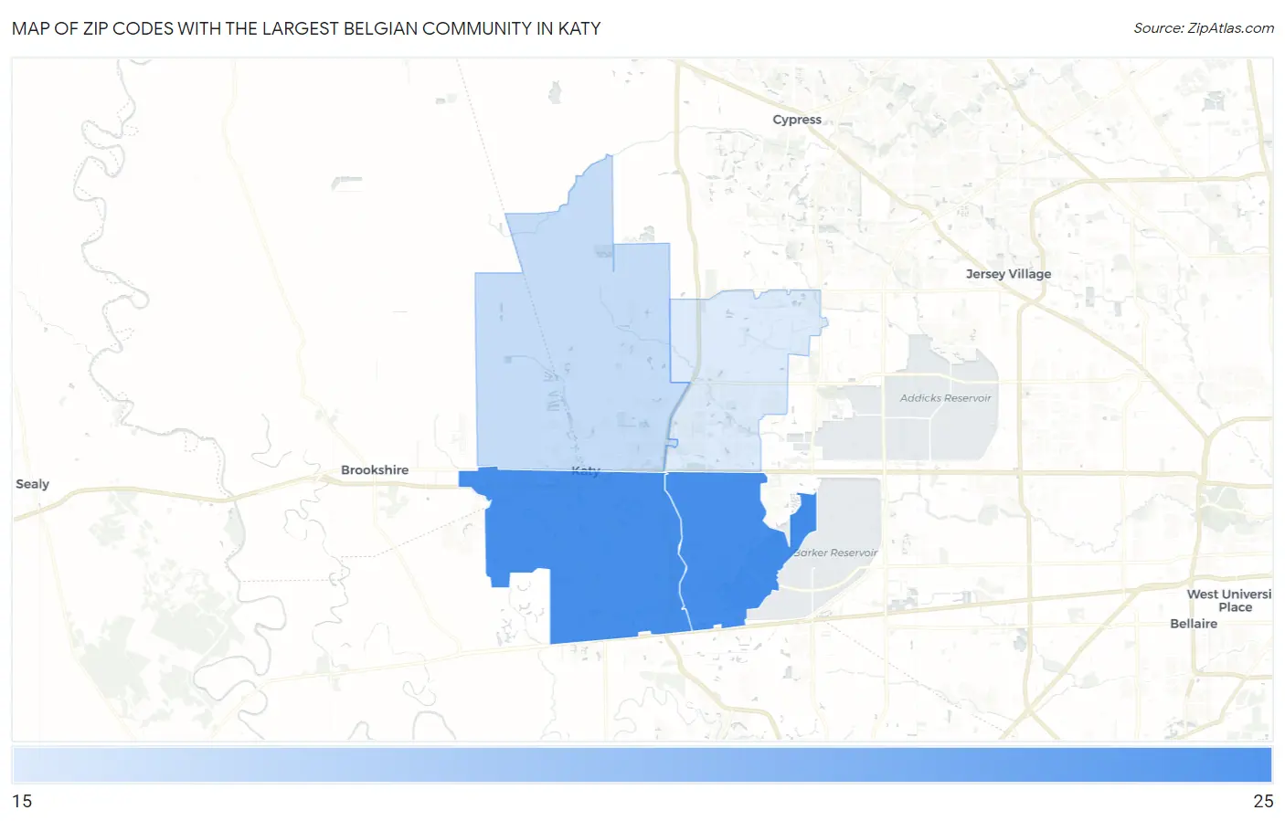 Zip Codes with the Largest Belgian Community in Katy Map