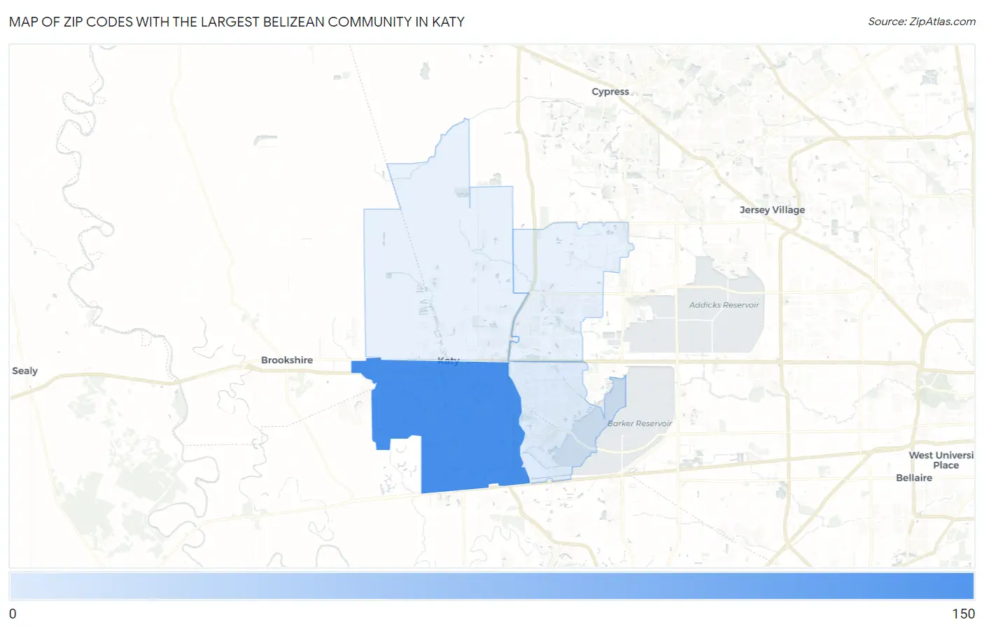 Zip Codes with the Largest Belizean Community in Katy Map