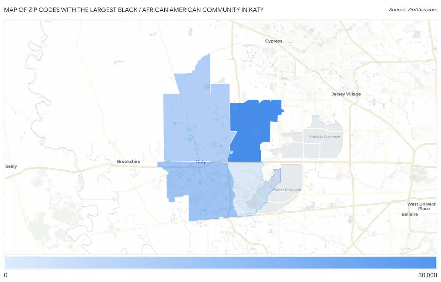 Zip Codes with the Largest Black / African American Community in Katy Map