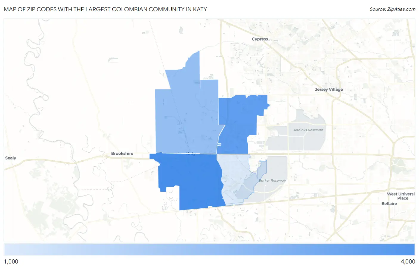 Zip Codes with the Largest Colombian Community in Katy Map