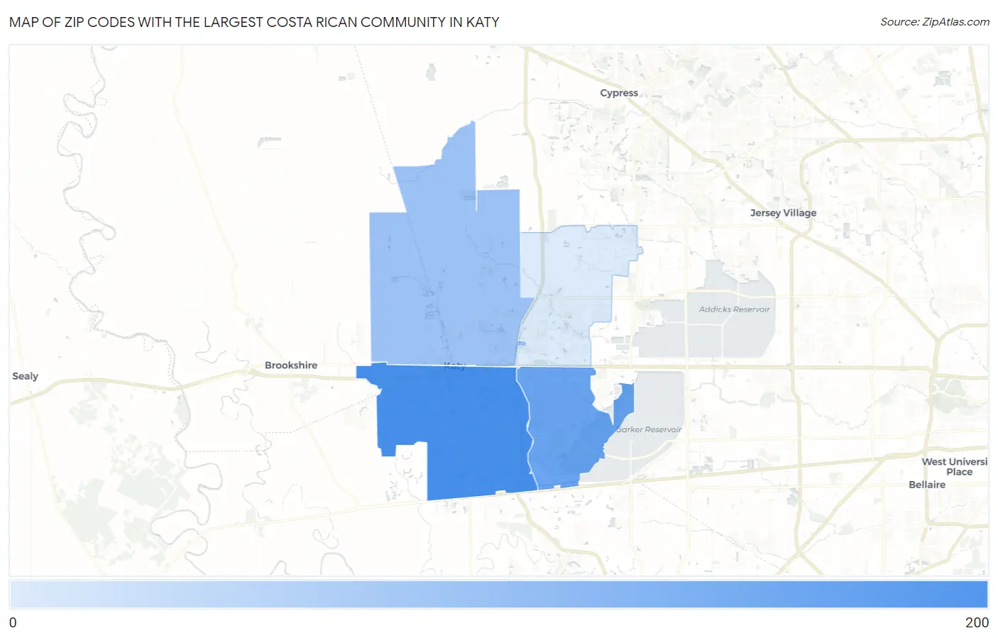 Zip Codes with the Largest Costa Rican Community in Katy Map
