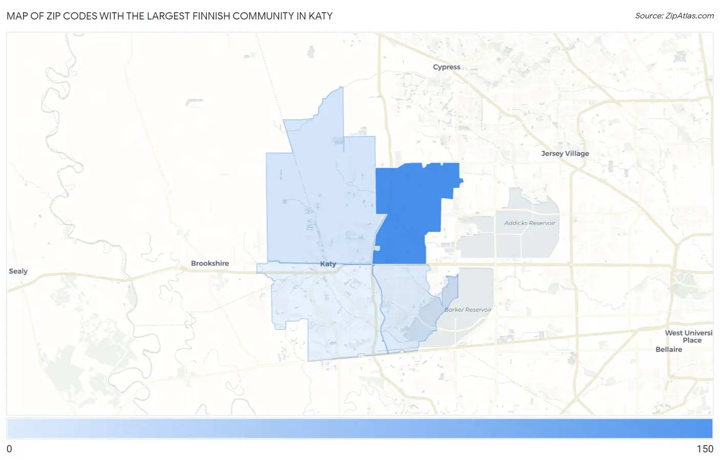 Zip Codes with the Largest Finnish Community in Katy Map