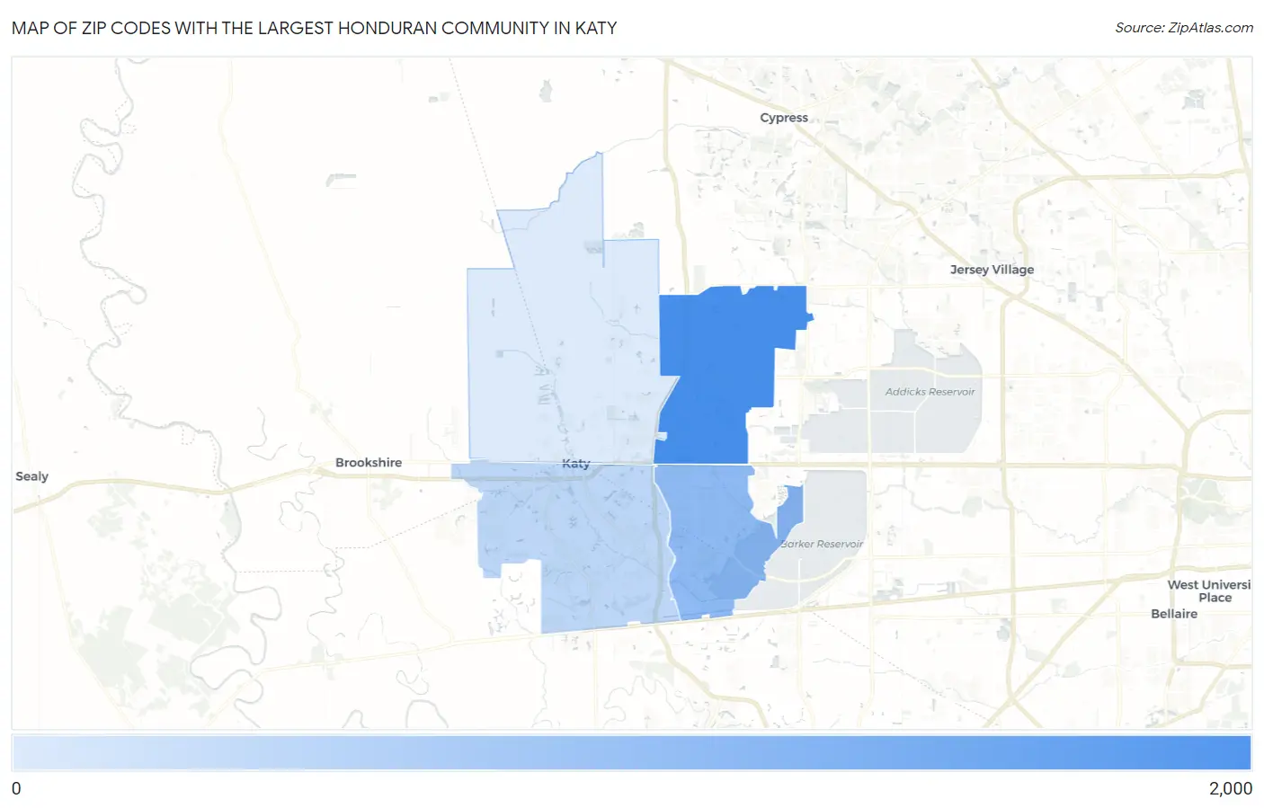 Zip Codes with the Largest Honduran Community in Katy Map