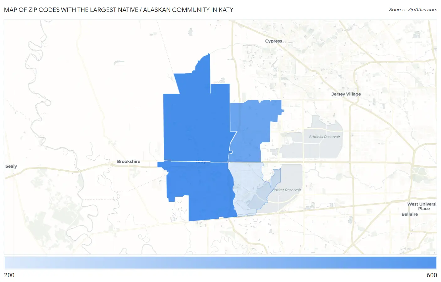 Zip Codes with the Largest Native / Alaskan Community in Katy Map