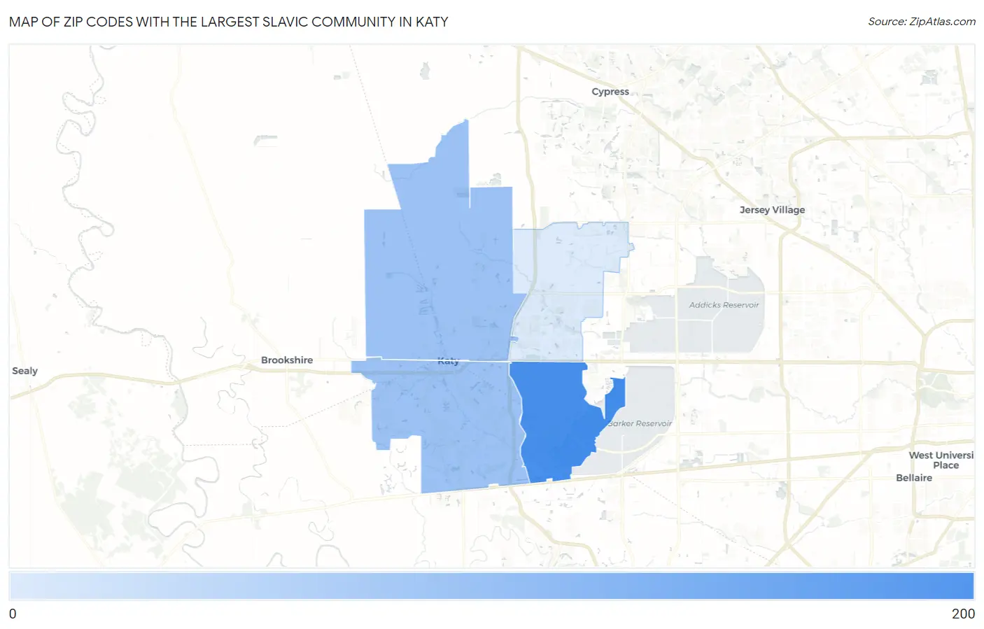 Zip Codes with the Largest Slavic Community in Katy Map