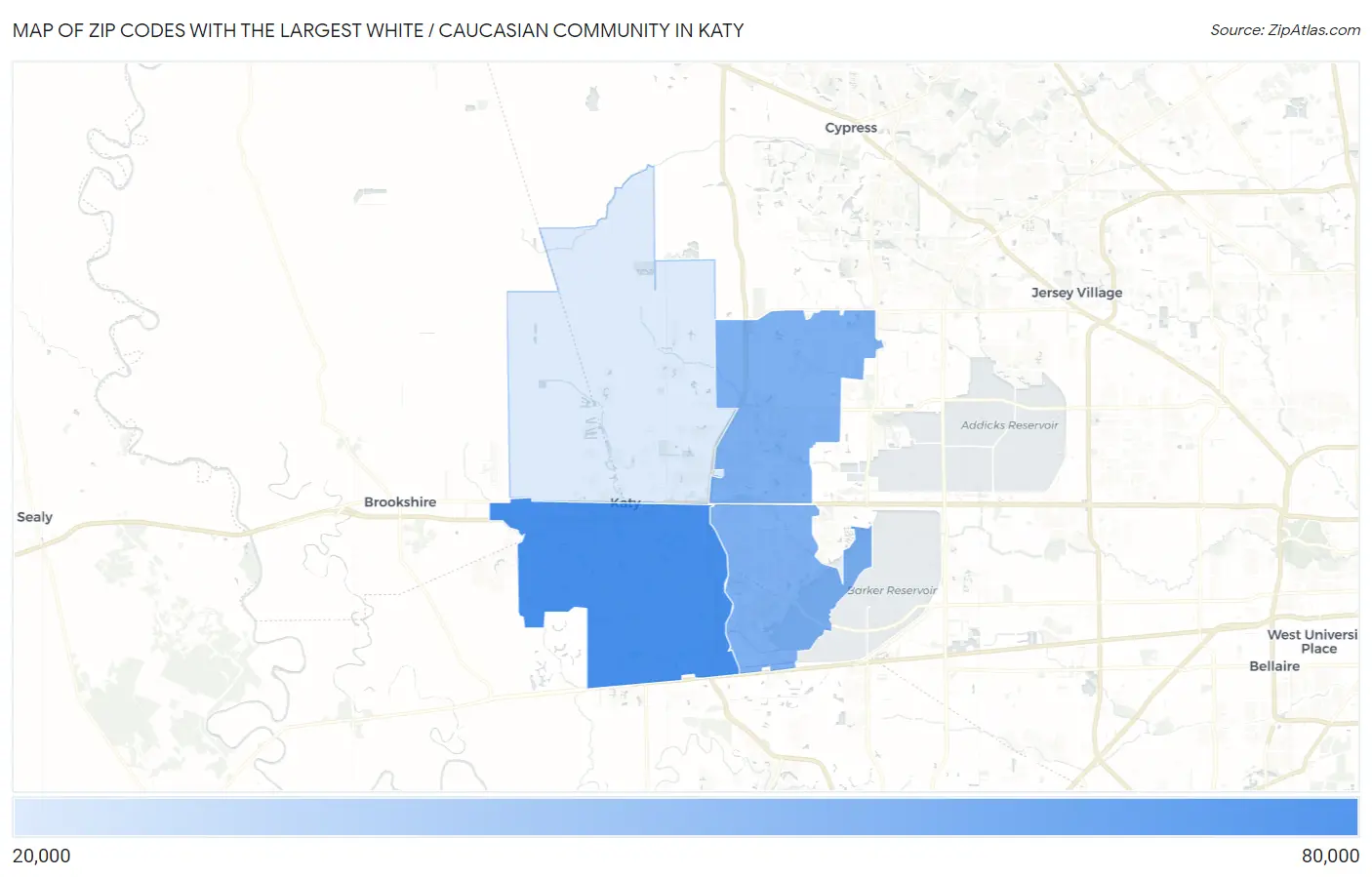 Zip Codes with the Largest White / Caucasian Community in Katy Map