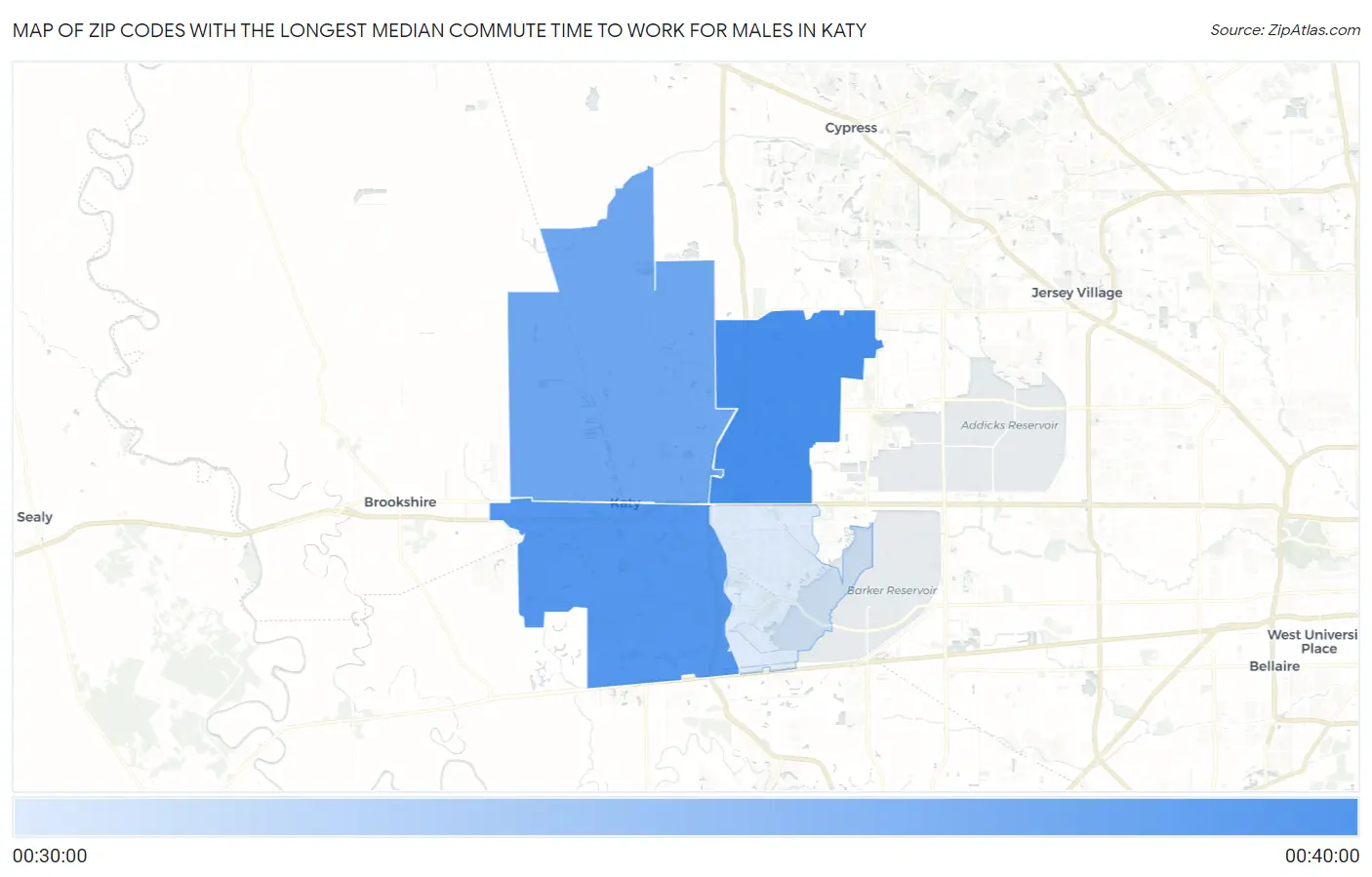 Zip Codes with the Longest Median Commute Time to Work for Males in Katy Map