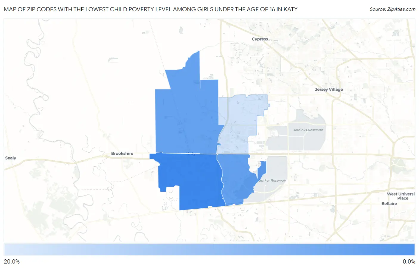 Zip Codes with the Lowest Child Poverty Level Among Girls Under the Age of 16 in Katy Map