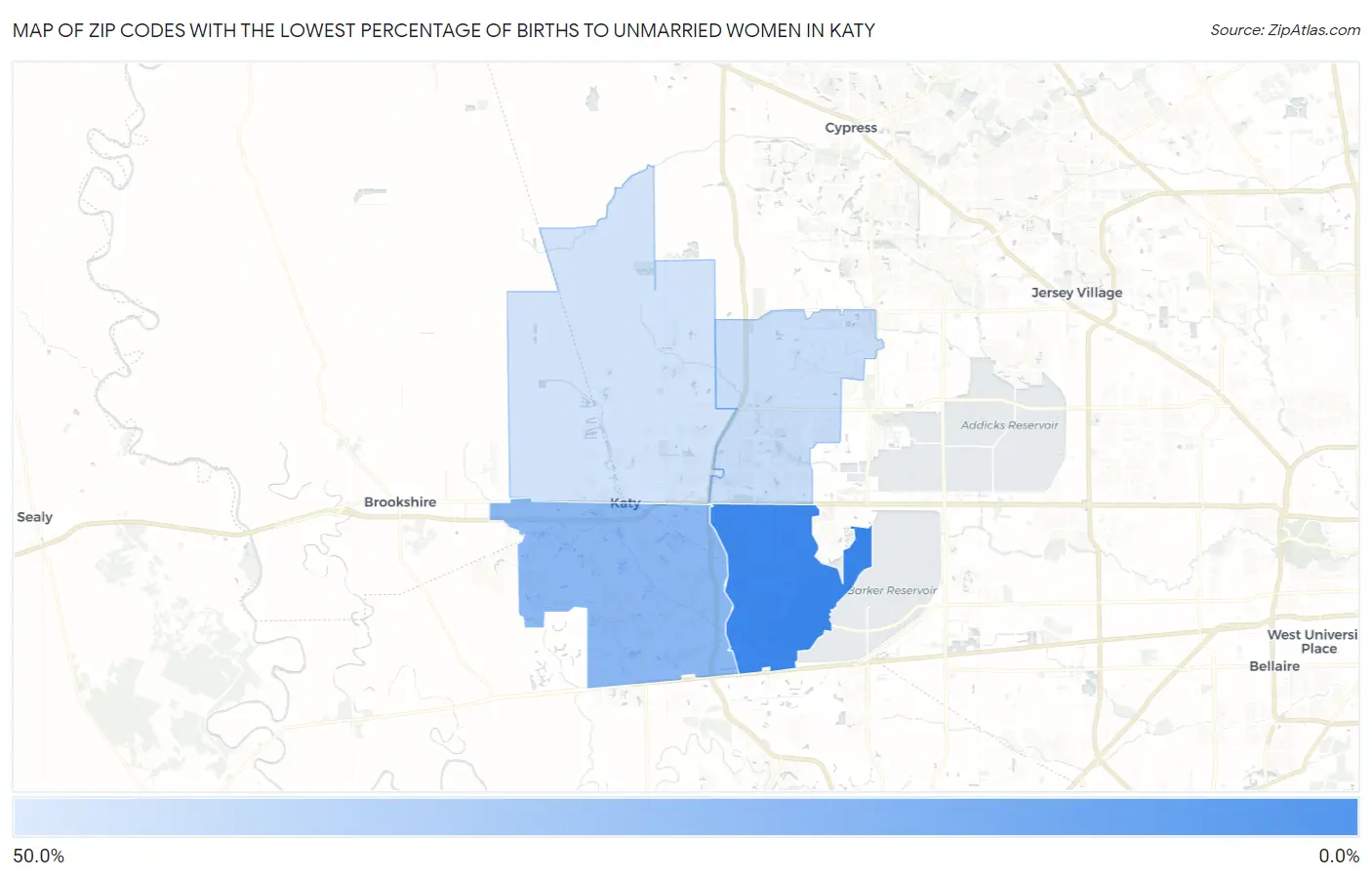 Zip Codes with the Lowest Percentage of Births to Unmarried Women in Katy Map
