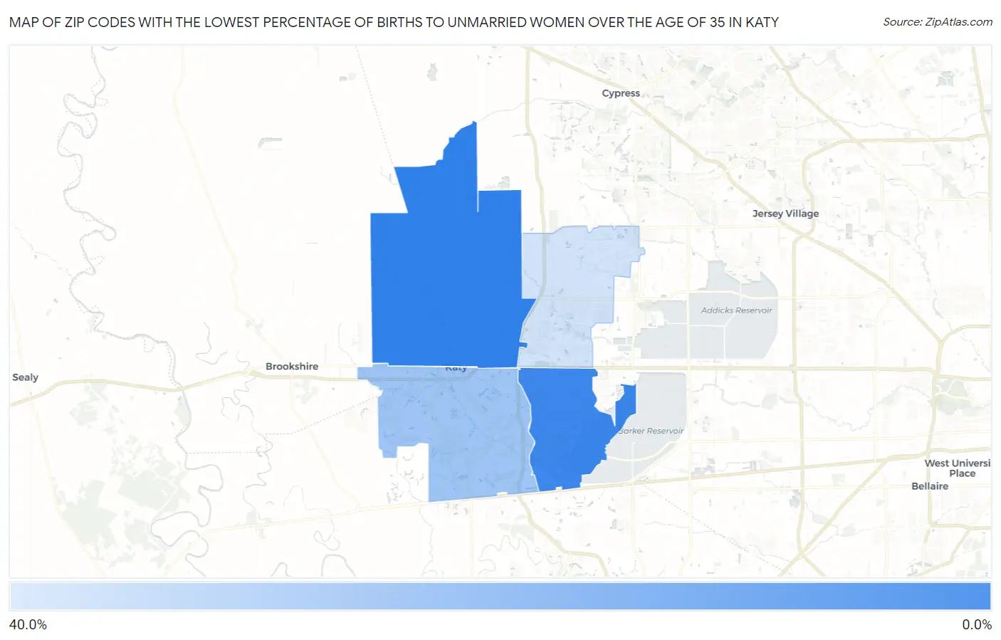 Zip Codes with the Lowest Percentage of Births to Unmarried Women over the Age of 35 in Katy Map