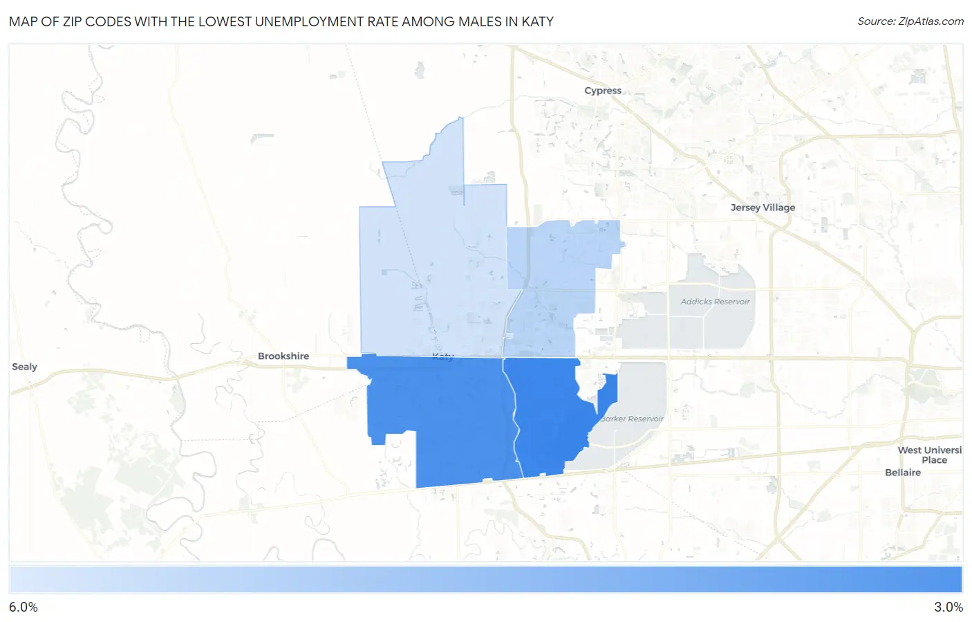 Zip Codes with the Lowest Unemployment Rate Among Males in Katy Map