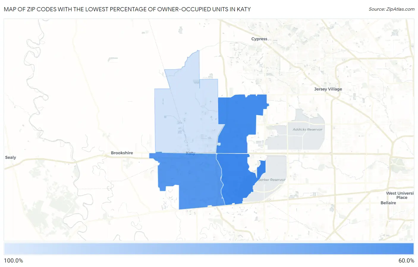 Zip Codes with the Lowest Percentage of Owner-Occupied Units in Katy Map