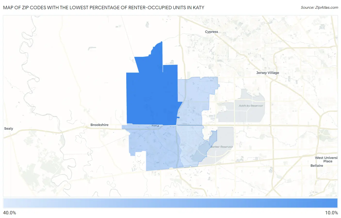 Zip Codes with the Lowest Percentage of Renter-Occupied Units in Katy Map