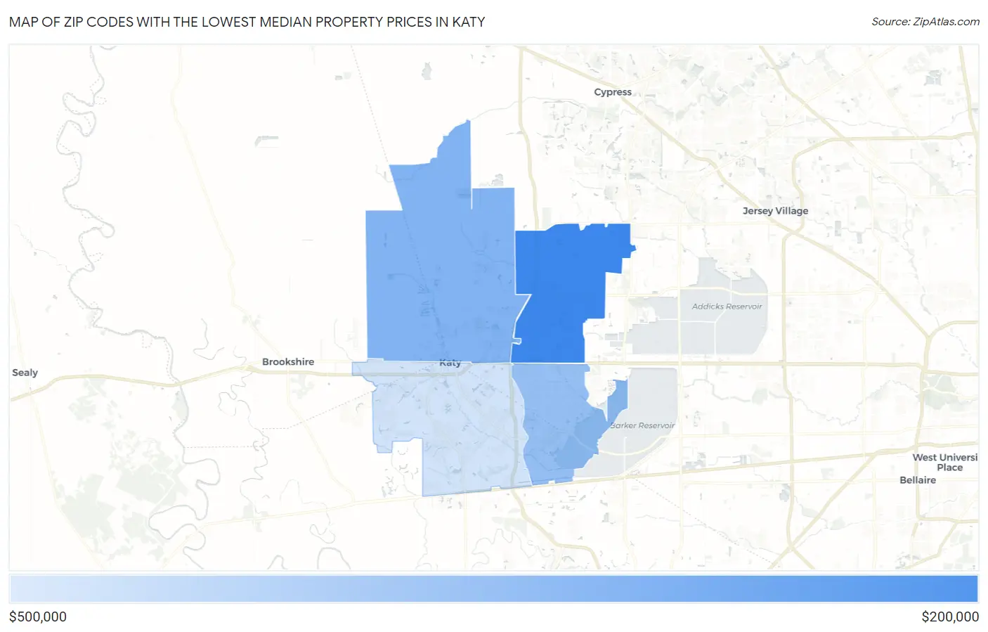 Zip Codes with the Lowest Median Property Prices in Katy Map