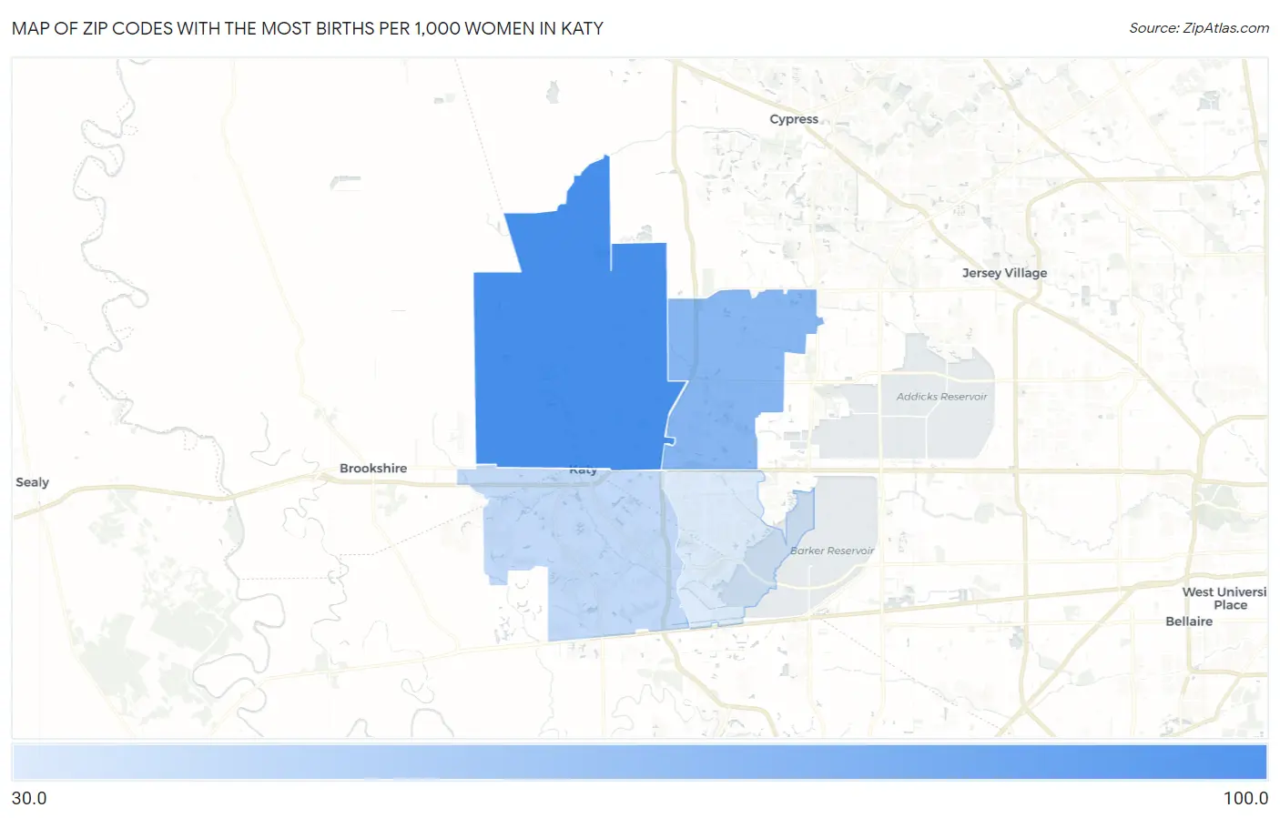 Zip Codes with the Most Births per 1,000 Women in Katy Map