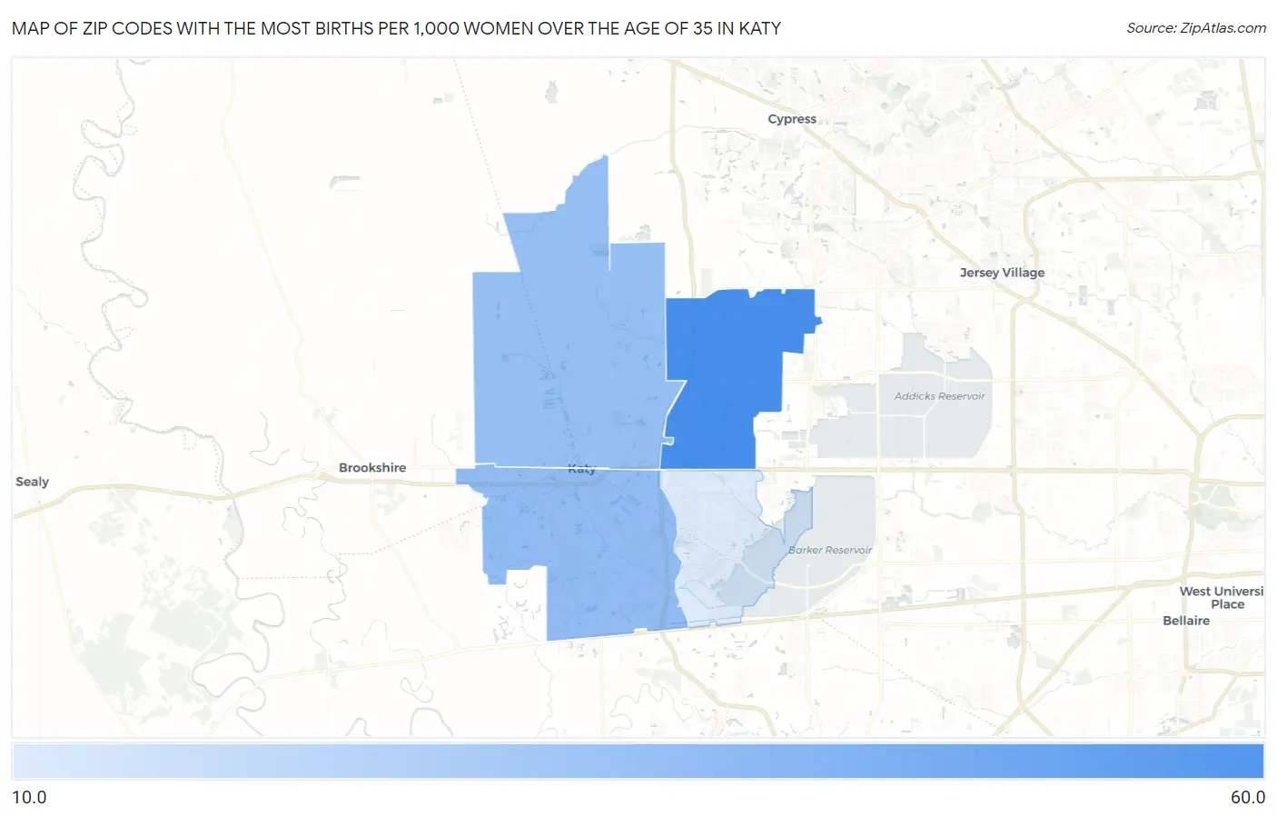 Zip Codes with the Most Births per 1,000 Women Over the Age of 35 in Katy Map