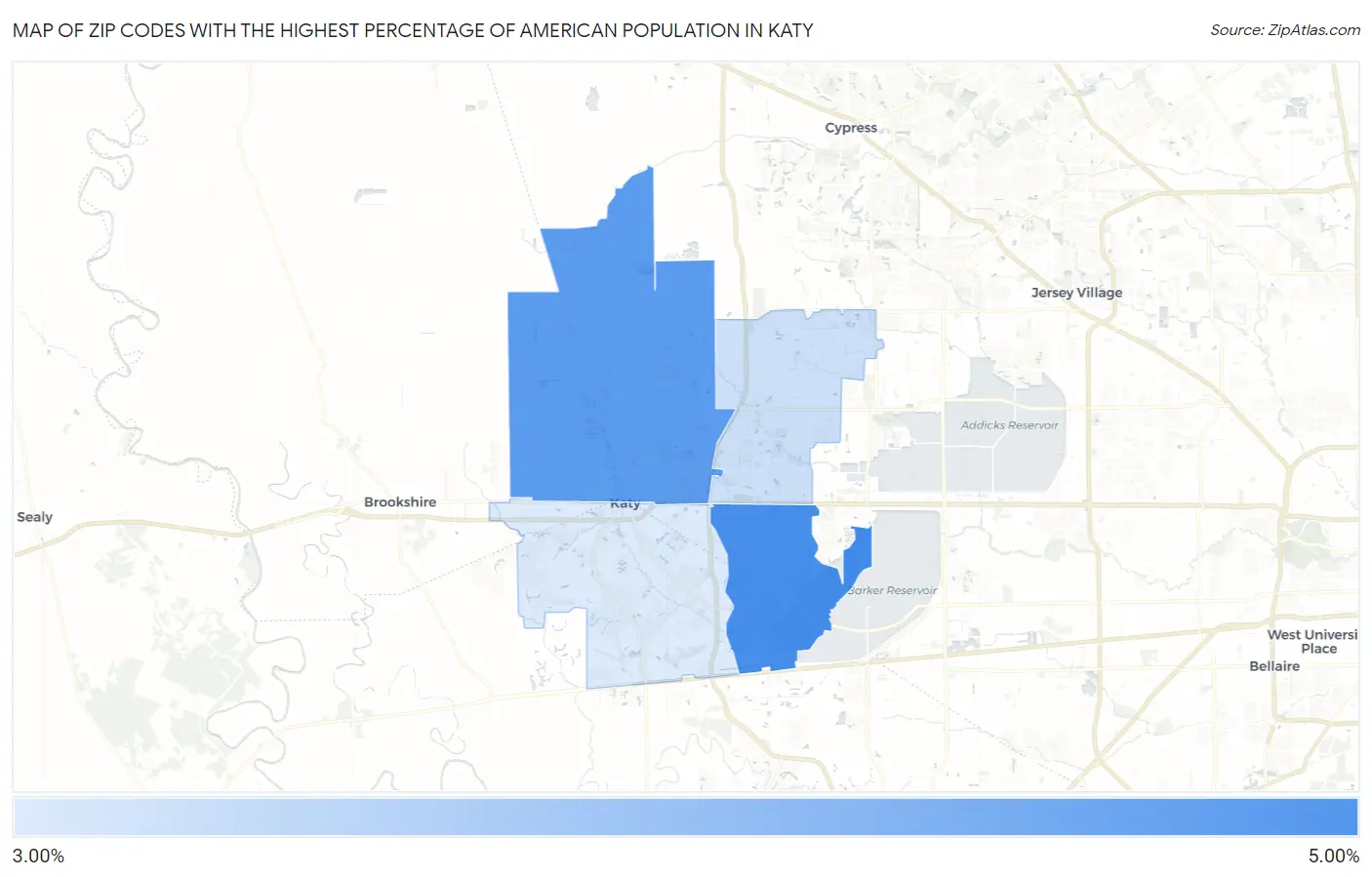 Zip Codes with the Highest Percentage of American Population in Katy Map