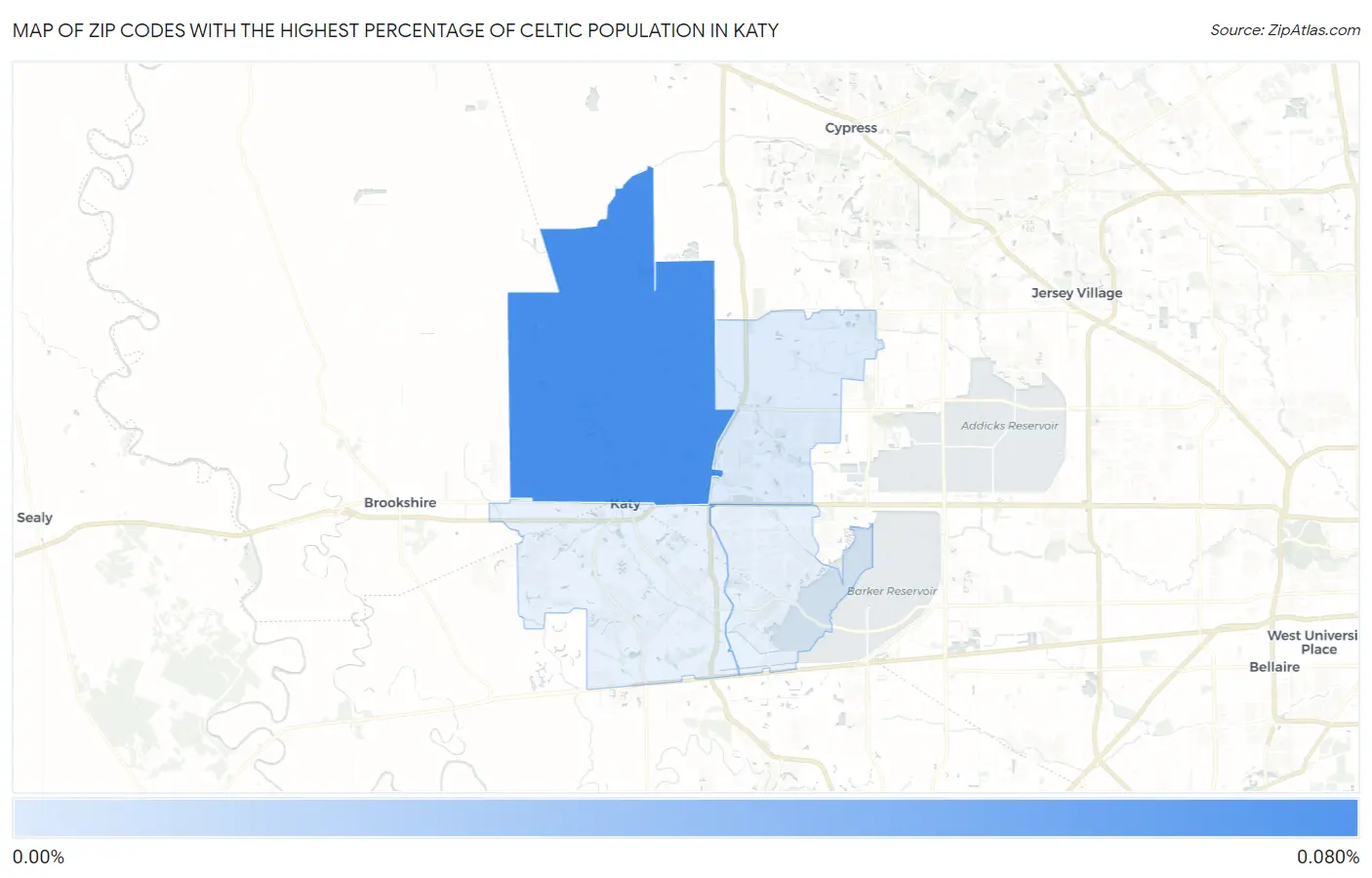 Zip Codes with the Highest Percentage of Celtic Population in Katy Map