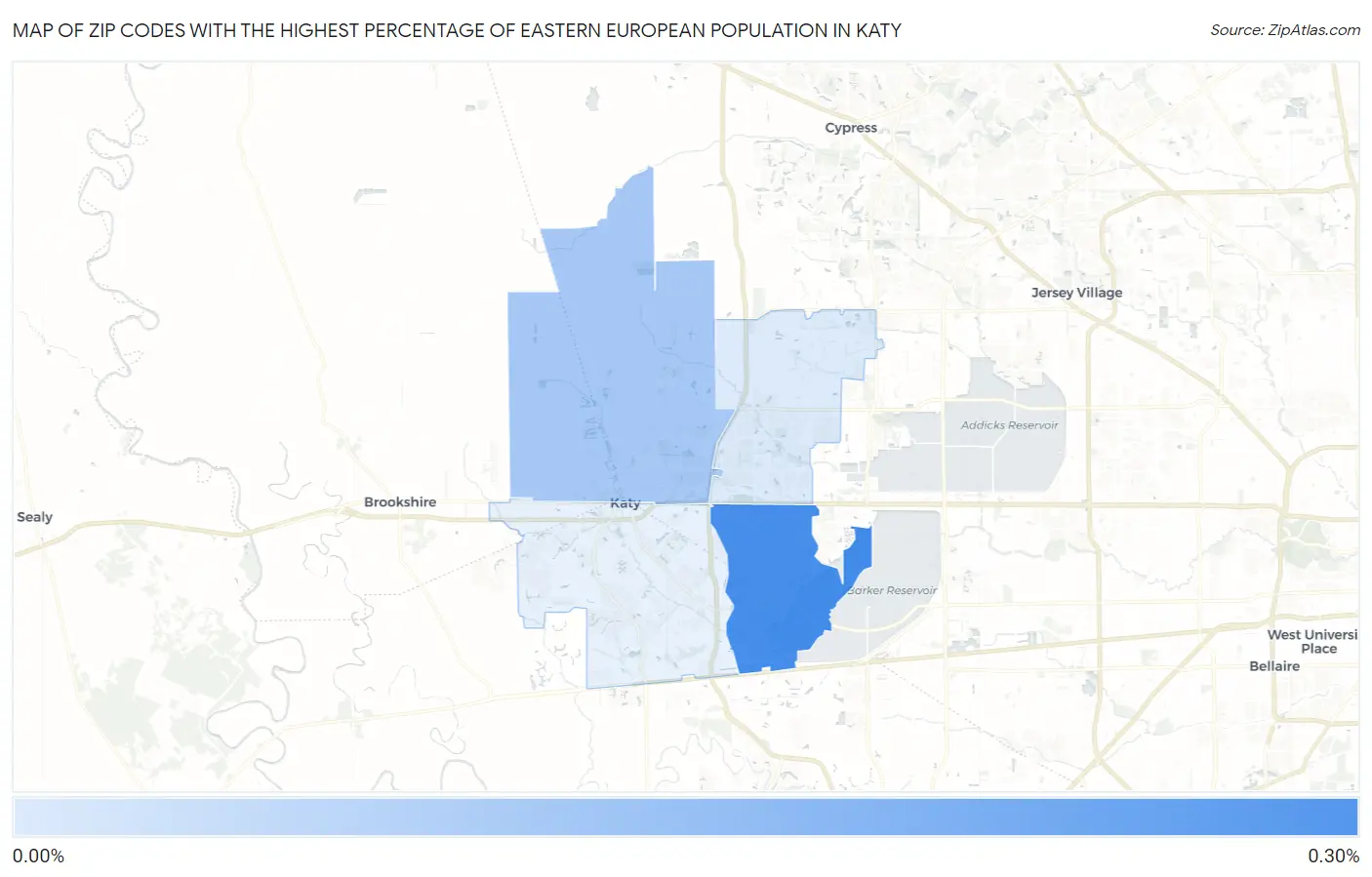 Zip Codes with the Highest Percentage of Eastern European Population in Katy Map