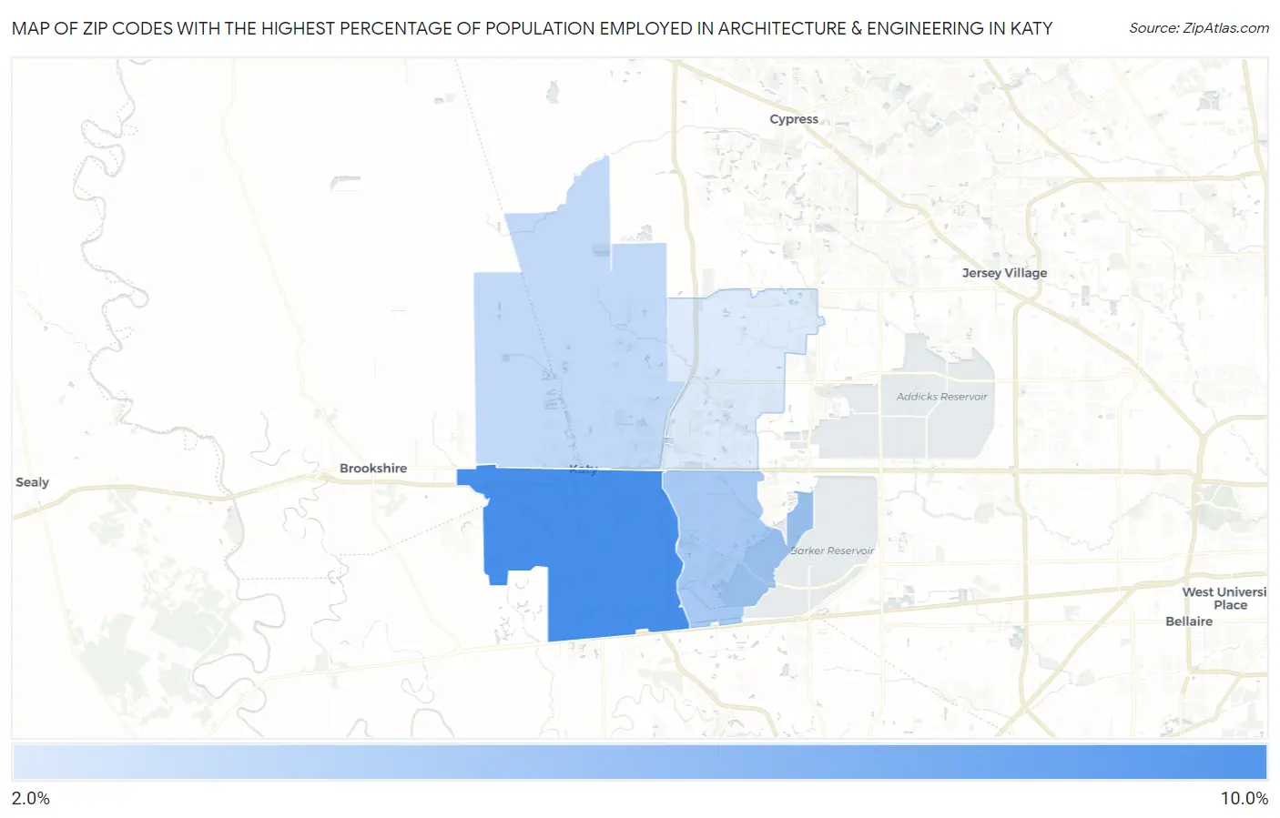 Zip Codes with the Highest Percentage of Population Employed in Architecture & Engineering in Katy Map