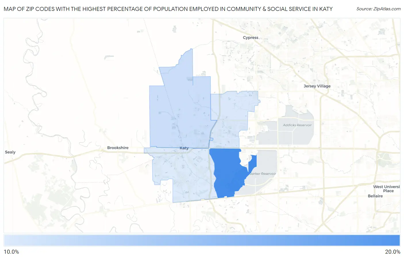 Zip Codes with the Highest Percentage of Population Employed in Community & Social Service  in Katy Map