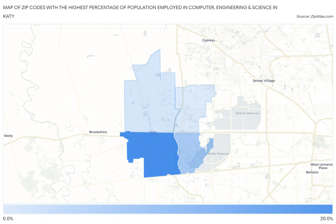 Zip Codes with the Highest Percentage of Population Employed in Computer, Engineering & Science in Katy Map
