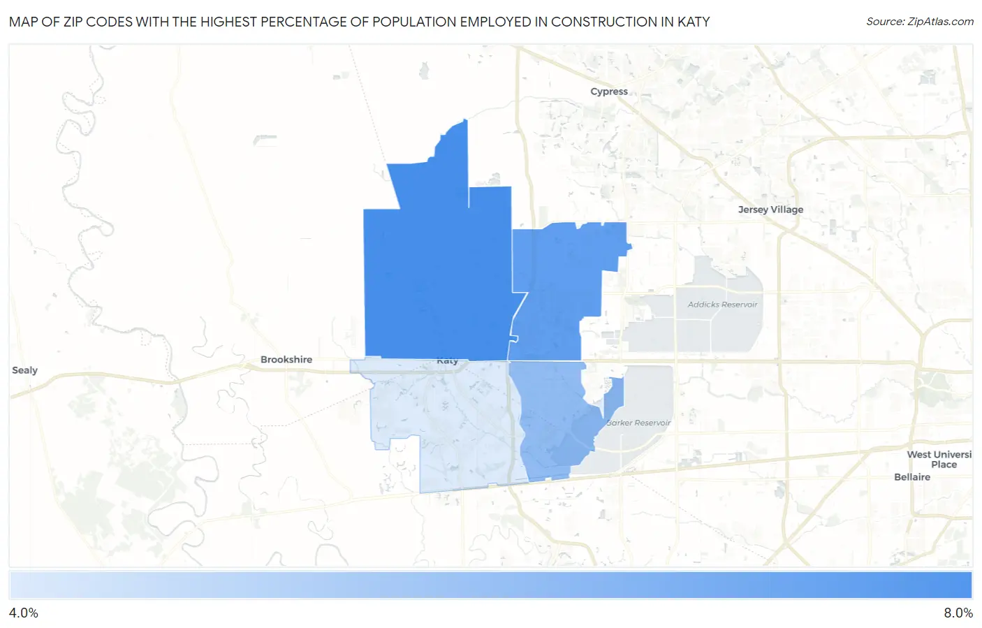 Zip Codes with the Highest Percentage of Population Employed in Construction in Katy Map
