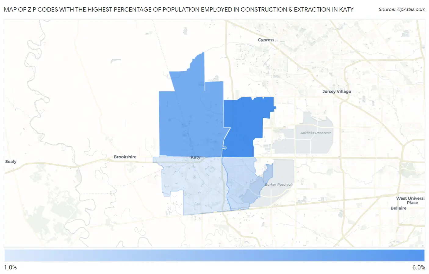 Zip Codes with the Highest Percentage of Population Employed in Construction & Extraction in Katy Map