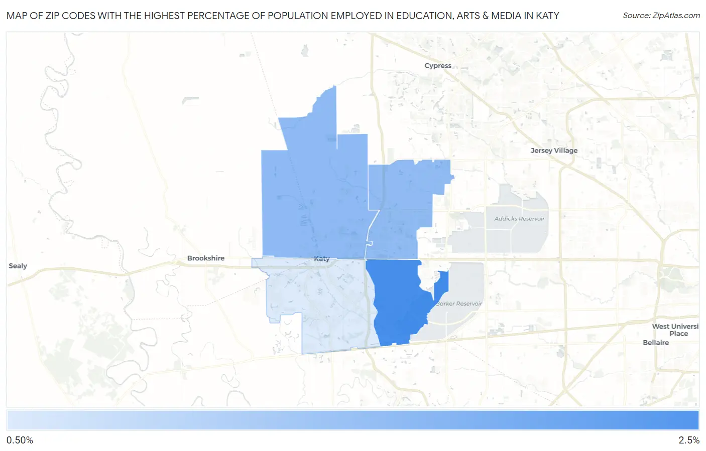 Zip Codes with the Highest Percentage of Population Employed in Education, Arts & Media in Katy Map