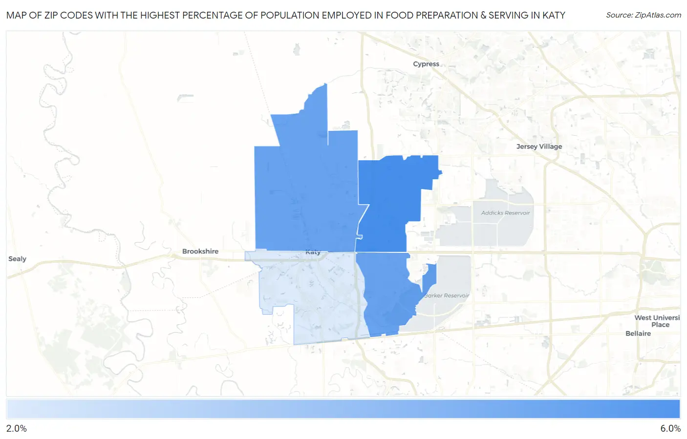 Zip Codes with the Highest Percentage of Population Employed in Food Preparation & Serving in Katy Map