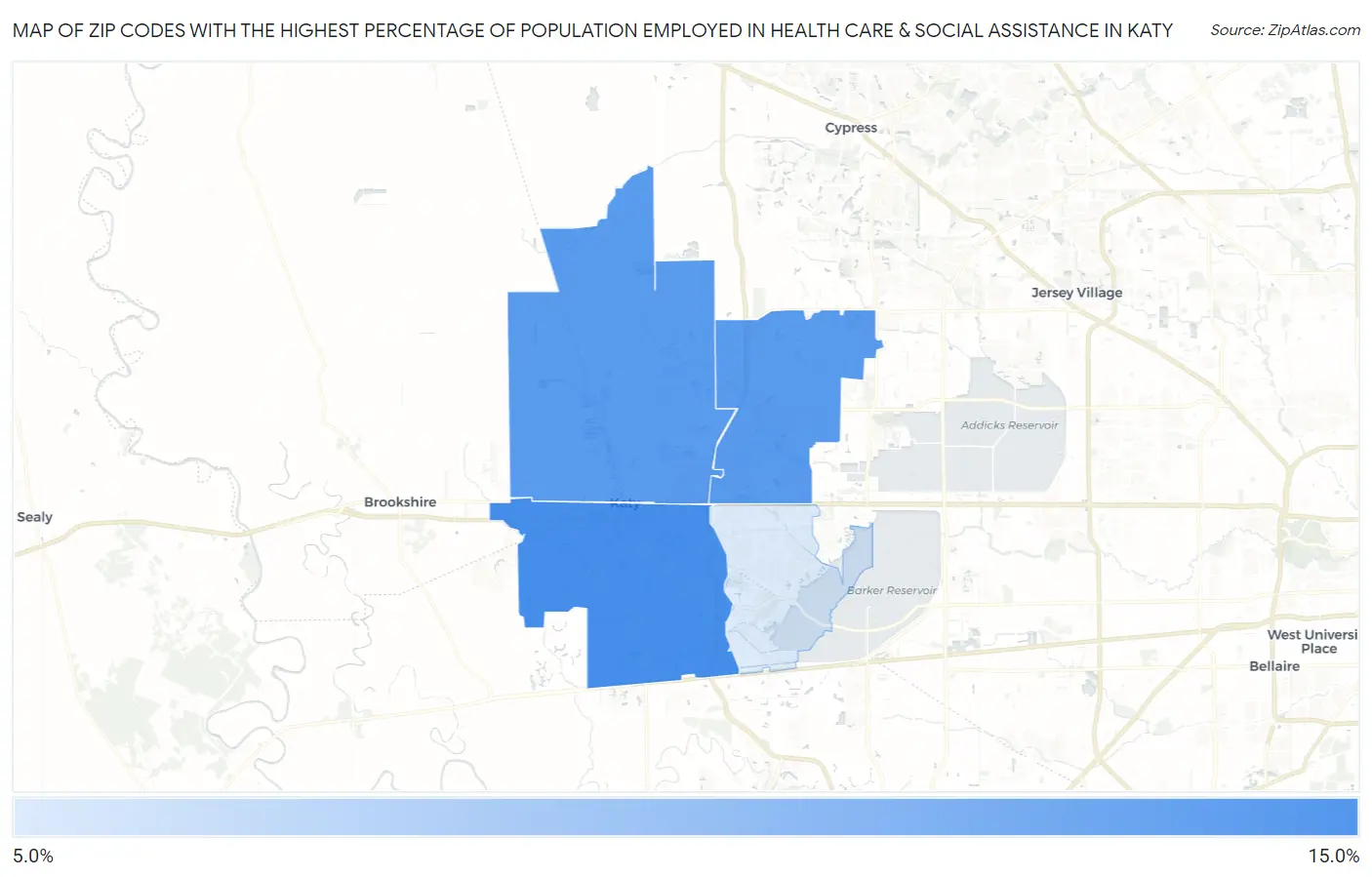 Zip Codes with the Highest Percentage of Population Employed in Health Care & Social Assistance in Katy Map